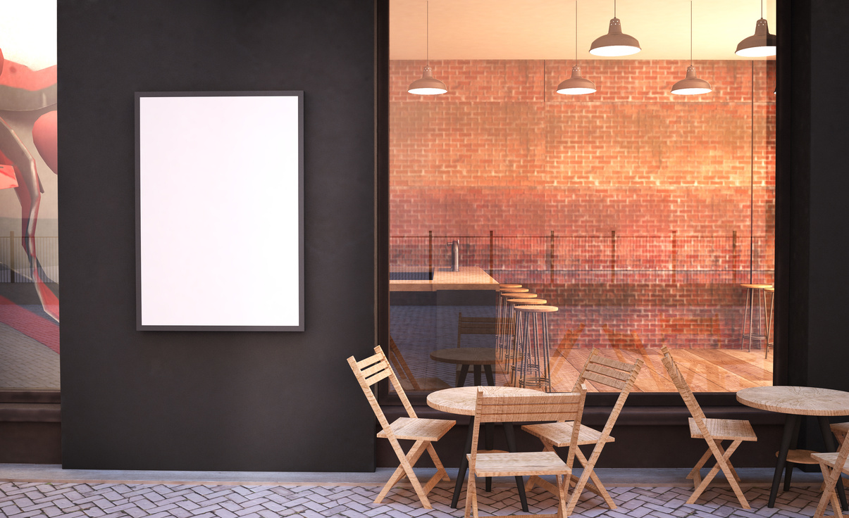 Cafe Facade Mockup with Branding Wall and Poster