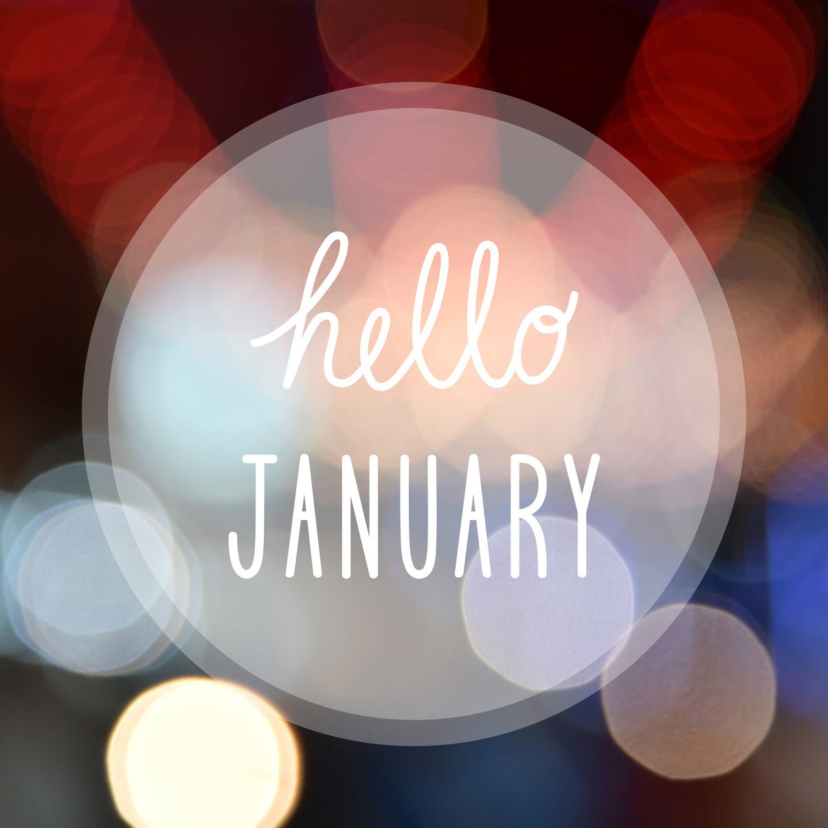 Hello January greeting on bokeh lights